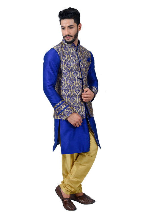 Indian Traditional Silk Mono Blue Sherwani Kurta Set with Multicolour Jacket for Men