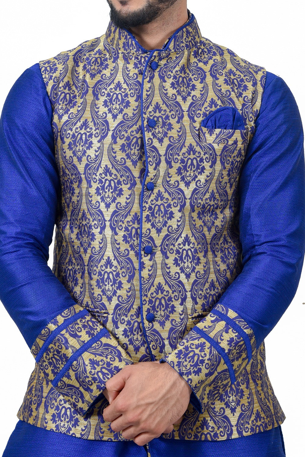 Image Title Indian Traditional Silk Mono Blue Sherwani Kurta Set with Multicolour Jacket for Men