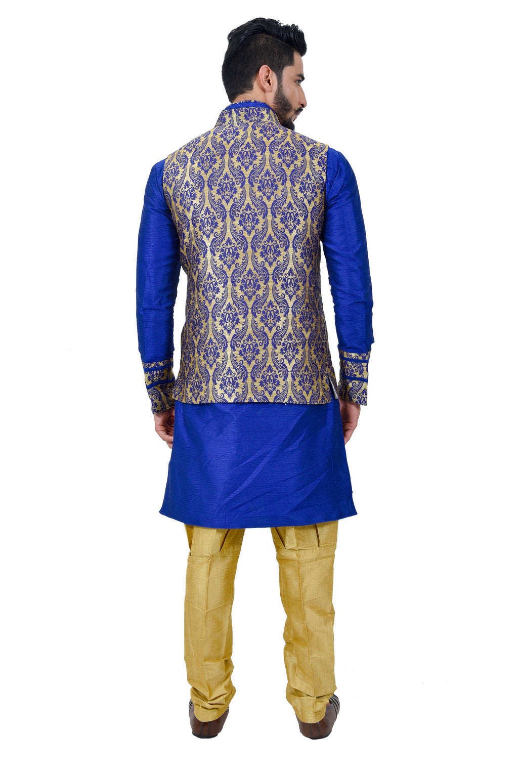 Image Title Indian Traditional Silk Mono Blue Sherwani Kurta Set with Multicolour Jacket for Men