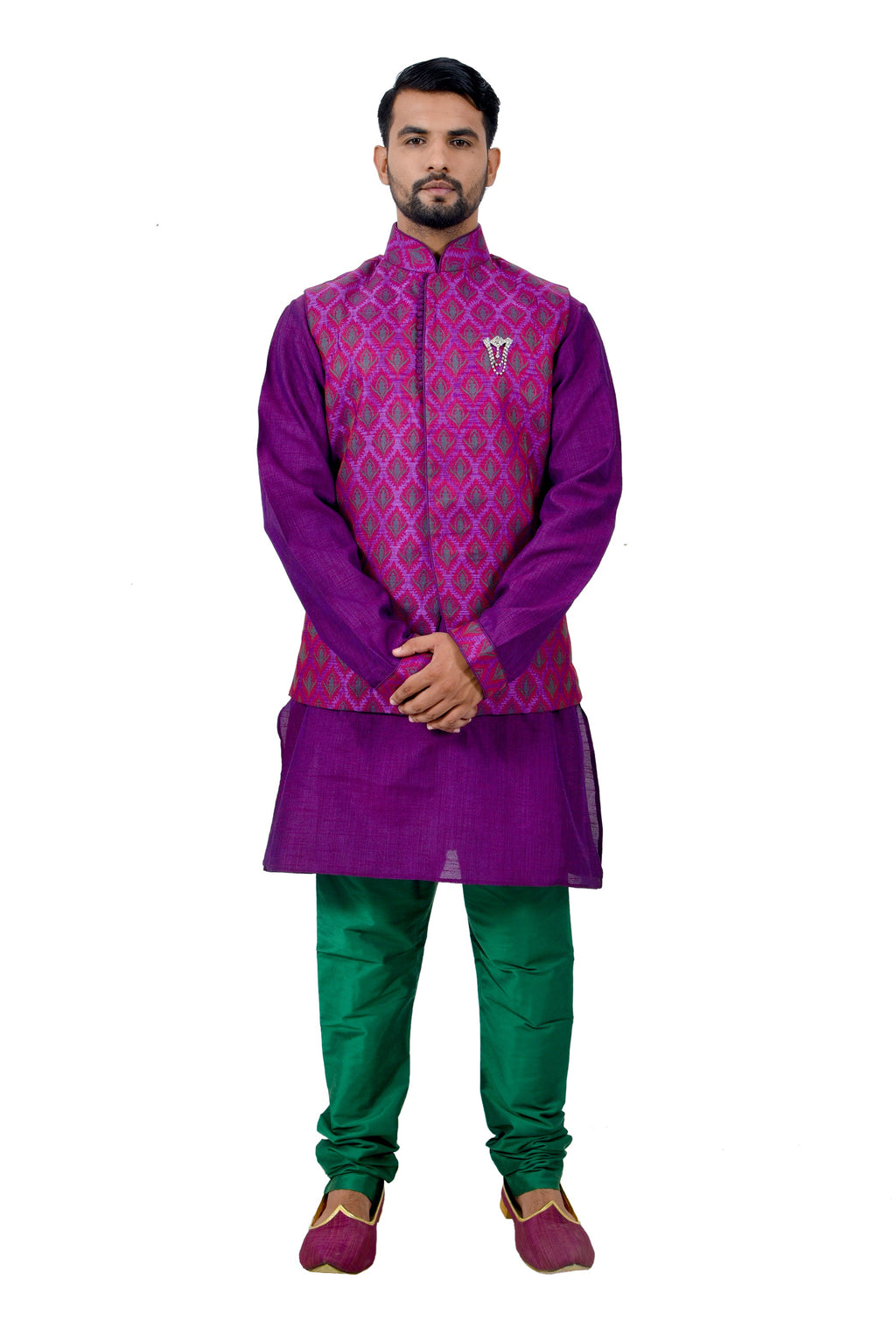 Image Title Indian Traditional Cotton Silk Purple Sherwani Kurta Set with Multicolour Jacket for Men
