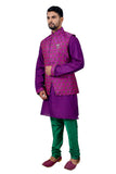 Image Title Indian Traditional Cotton Silk Purple Sherwani Kurta Set with Multicolour Jacket for Men
