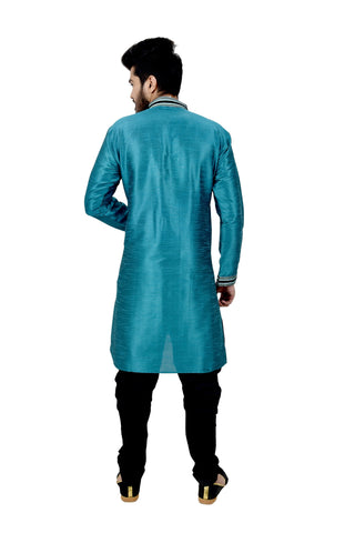 Image Title Indian Traditional Silk Peacock Blue Kurta Pajama for Men