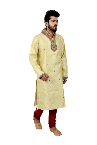 Image Title Indian Traditional Brocade Silk Lemonchiffon Kurta Pajama for Men