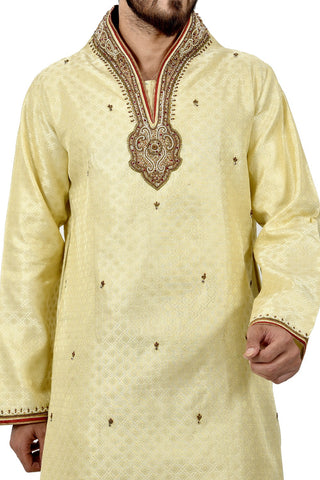 Image Title Indian Traditional Brocade Silk Lemonchiffon Kurta Pajama for Men