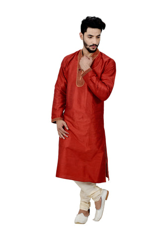 Image Title Indian Traditional Silk Red Kurta Pajama for Men