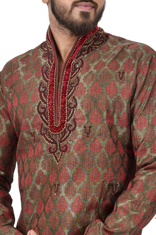 Image Title Indian Traditional Brocade Silk Multicolour Kurta Pajama for Men