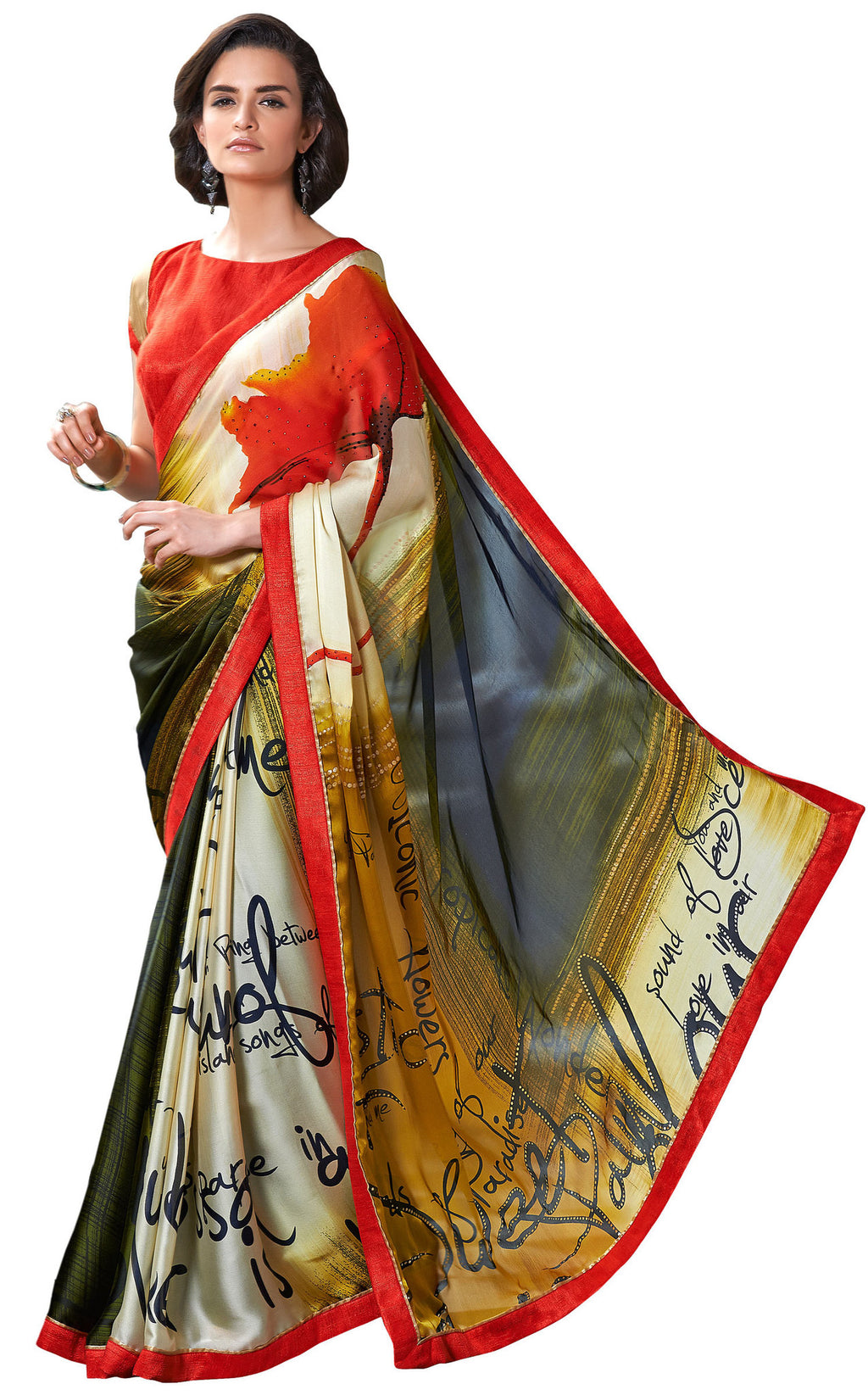 Image Title Sensational Crepe Silk Designer Hand Painted Saree Sari - D-301