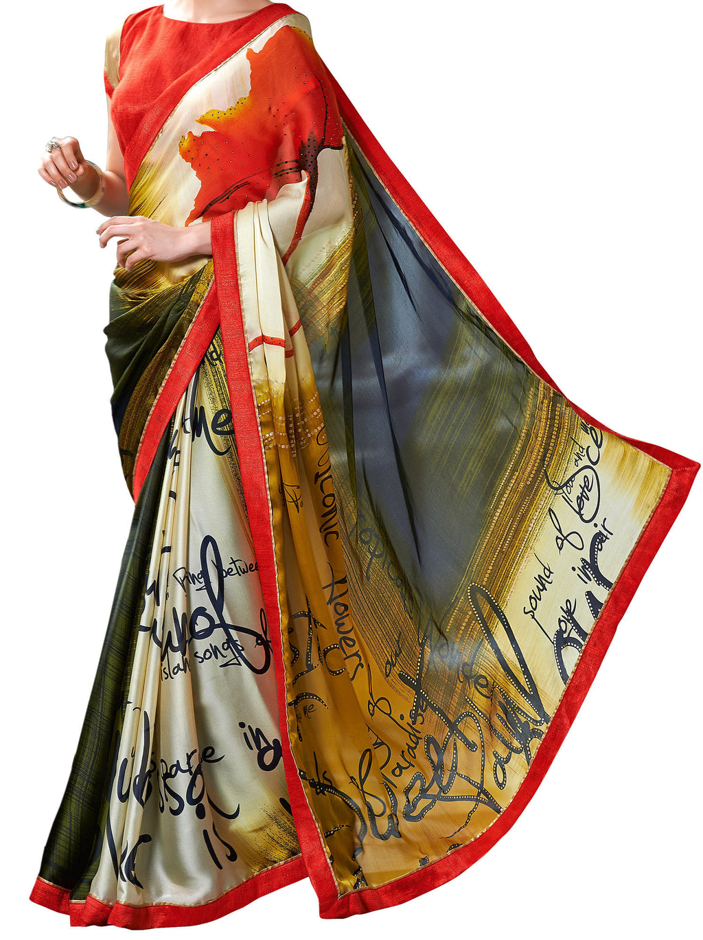 Image Title Sensational Crepe Silk Designer Hand Painted Saree Sari - D-301