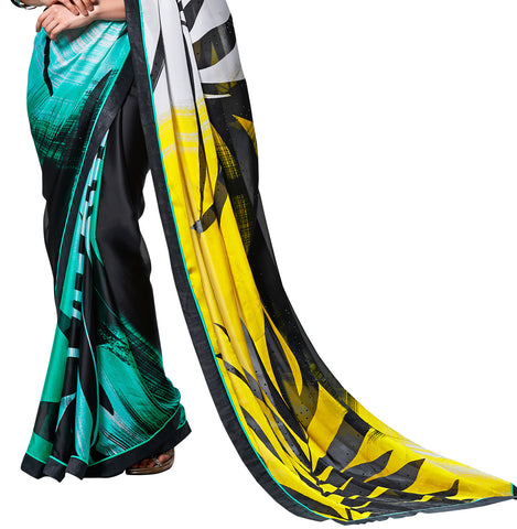 Image Title Digital Print Crepe Silk Black & Yellow Shaded Saree Sari D-305