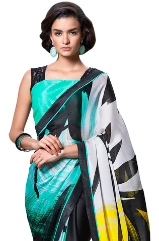 Image Title Digital Print Crepe Silk Black & Yellow Shaded Saree Sari D-305