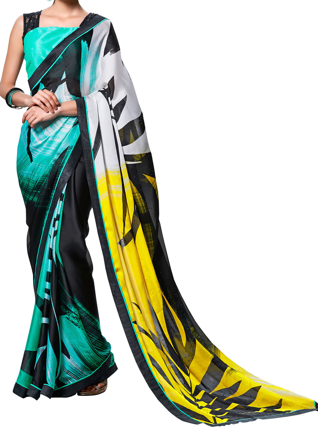 Image Title Digital Print Crepe Silk Black & Yellow Shaded Saree Sari D-305