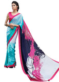 Image Title Digital Print Blue & Pink Shaded Crepe Silk Saree Sari D-310