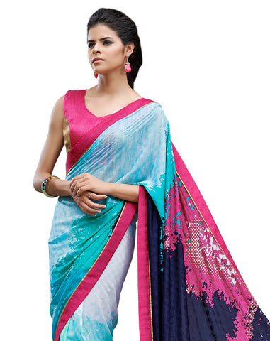 Image Title Digital Print Blue & Pink Shaded Crepe Silk Saree Sari D-310