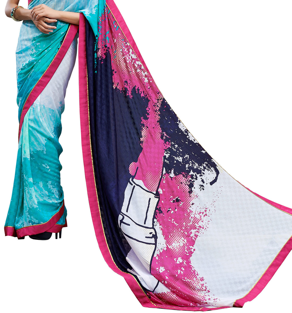 Image Title Digital Print Blue & Pink Shaded Crepe Silk Saree Sari D-310