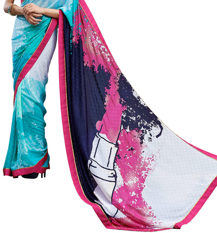 Image Title Digital Print Blue & Pink Shaded Crepe Silk Saree Sari D-310