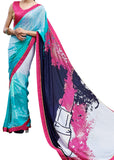 Image Title Digital Print Blue & Pink Shaded Crepe Silk Saree Sari D-310