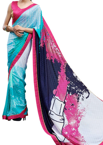 Image Title Digital Print Blue & Pink Shaded Crepe Silk Saree Sari D-310