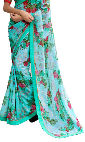 Image Title Mint Blossom Floral Print Designer Crepe Silk Saree Sari D-312