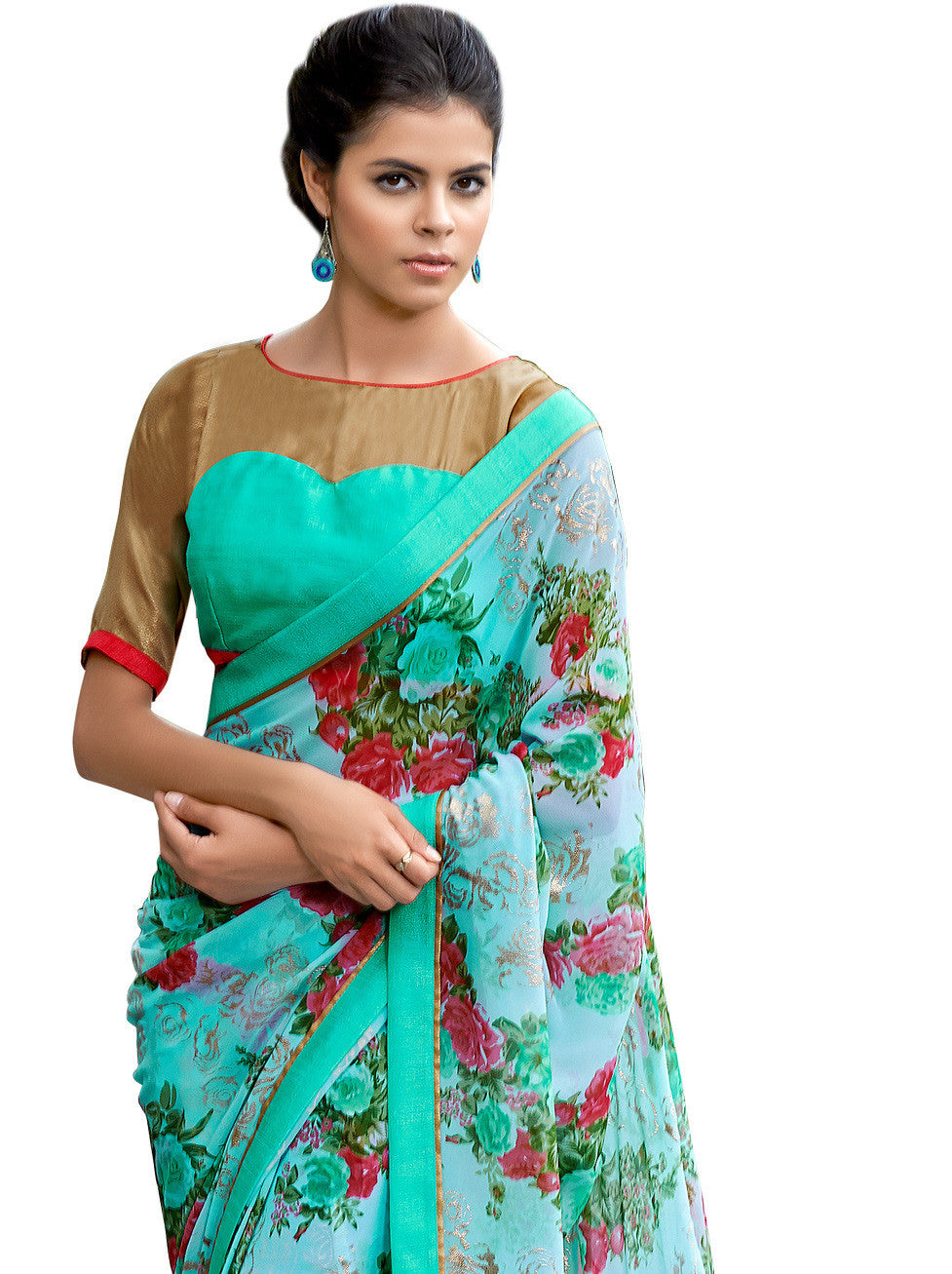 Image Title Mint Blossom Floral Print Designer Crepe Silk Saree Sari D-312