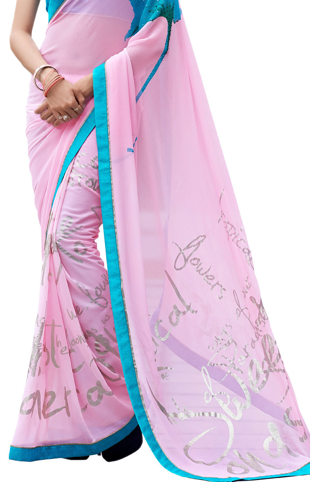 Image Title Demure in Pink Digital Print Designer Crepe Silk Saree Sari D-316