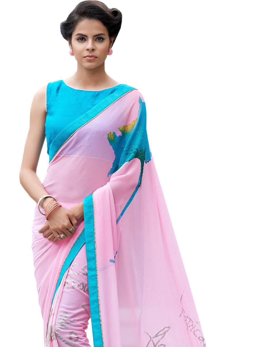 Image Title Demure in Pink Digital Print Designer Crepe Silk Saree Sari D-316