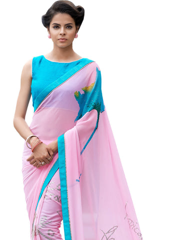 Image Title Demure in Pink Digital Print Designer Crepe Silk Saree Sari D-316