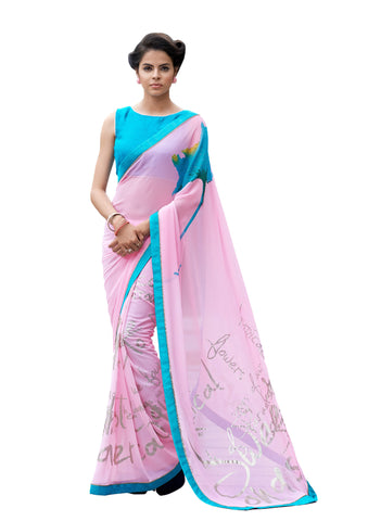 Image Title Demure in Pink Digital Print Designer Crepe Silk Saree Sari D-316