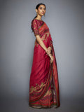 Red & Fuchsia Embroidered Silk Saree With Unstitched Blouse-Side Look