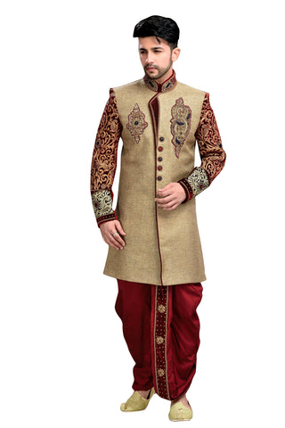 Image Title Ethnic Tan Brown Jute Silk And Velvet Indian Wedding Sherwani For Men
