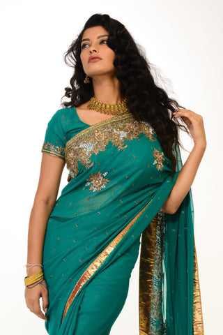Image Title Stylish Turquoise Green Ready-Made Pre-Pleated Sari-SNT10270