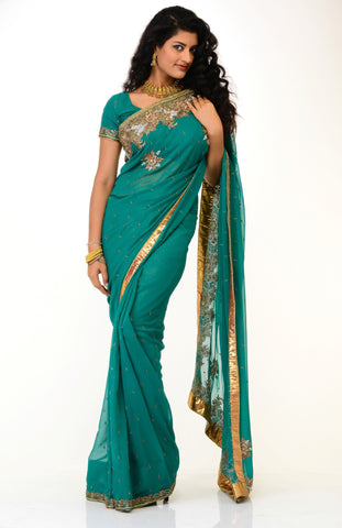 Image Title Stylish Turquoise Green Ready-Made Pre-Pleated Sari-SNT10270