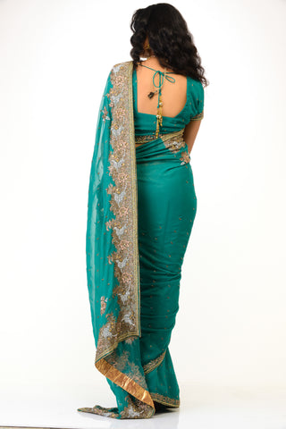 Image Title Stylish Turquoise Green Ready-Made Pre-Pleated Sari-SNT10270