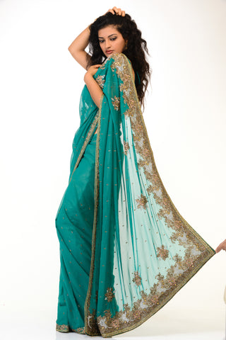 Image Title Stylish Turquoise Green Ready-Made Pre-Pleated Sari-SNT10270
