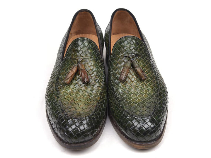 Paul Parkman Woven Leather Tassel Loafers Green Shoes (ID#WVN44-GRN) Size 7.5 D(M) US