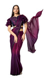 Wine Ruffle Sleeve One Minute Ready-to-Wear Sari with Embellished Blouse | SNTK-25601