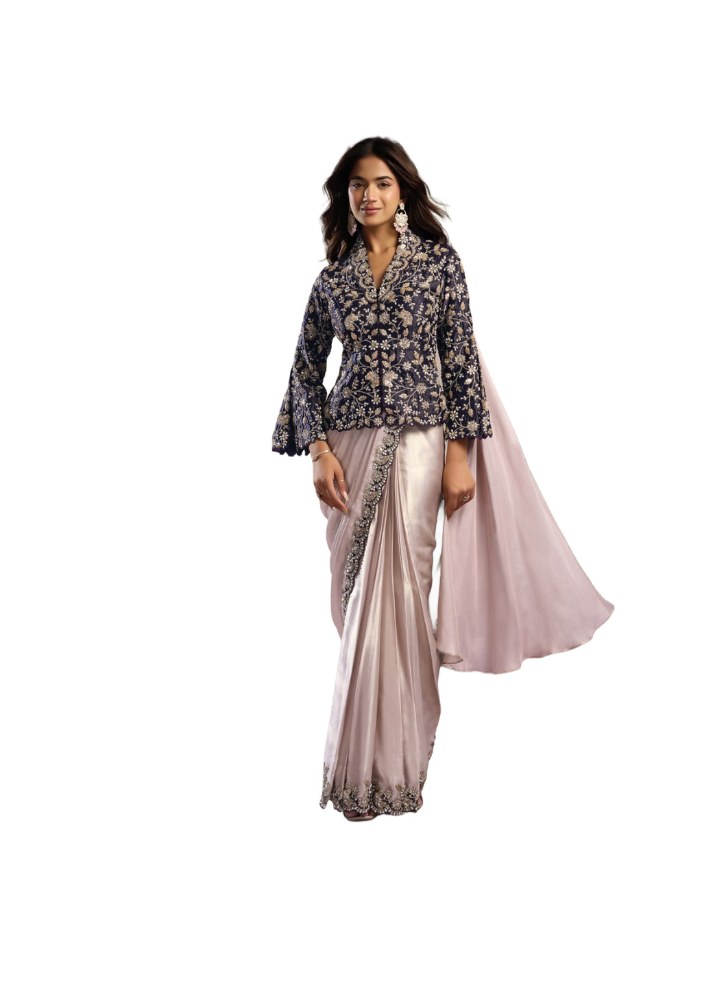 Moonlight Blush Metallic Satin One Minute Ready-to-Wear Sari with Multi-Stone Handwork & Blazer Style Blouse | SNTK-26603