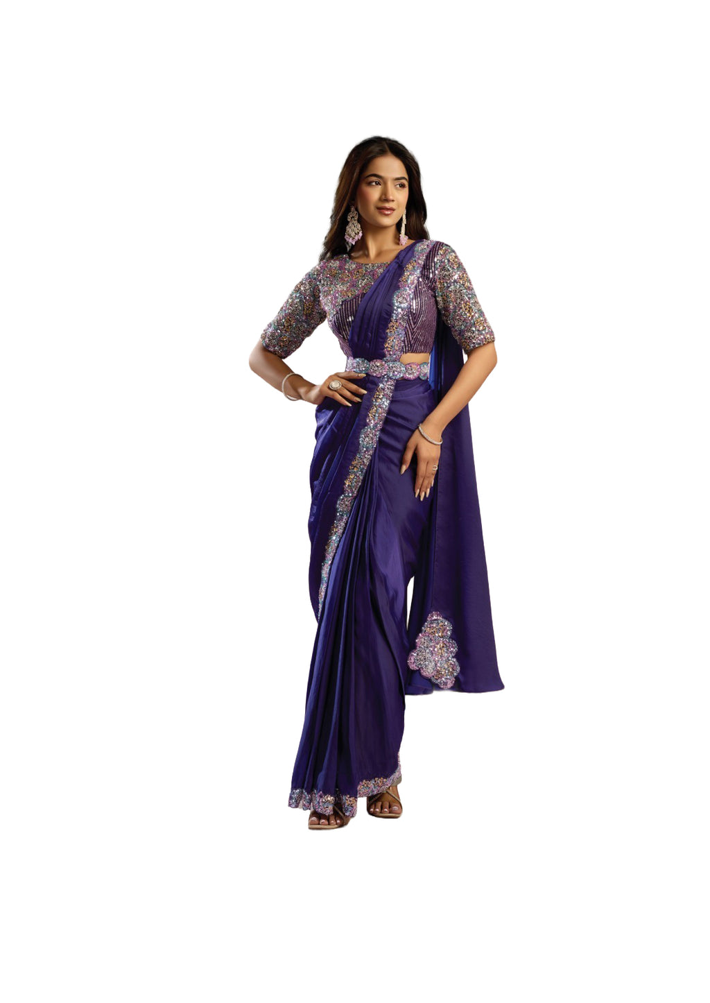 Midnight Radiance Purple Satin One Minute Ready-to-Wear Sari with Sequins & Beads Embellishment | SNTK-26608