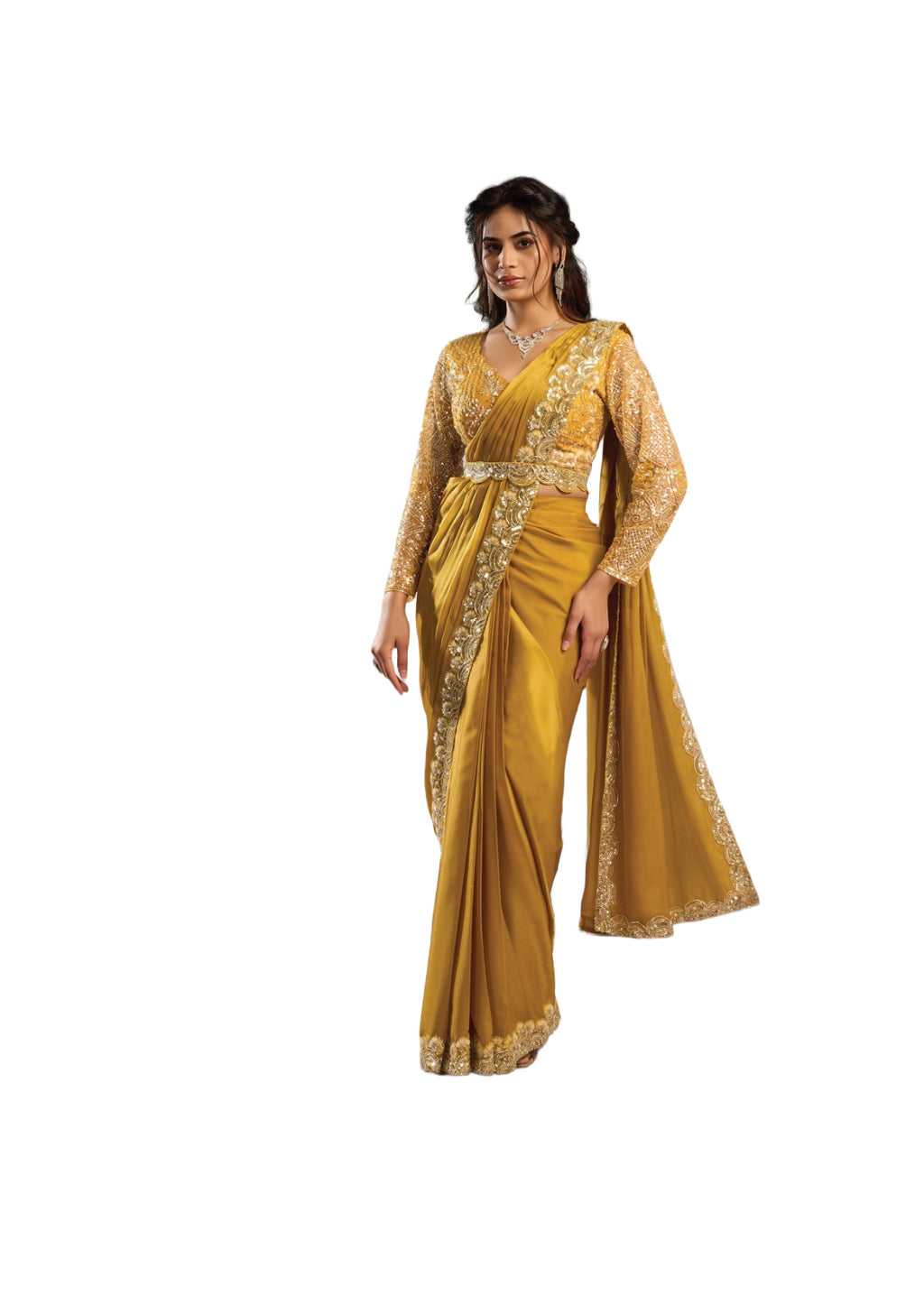 Sunshine Royale Golden Satin One Minute Ready-to-Wear Sari with Silver Sequins & Dual Beads | SNTK-26609