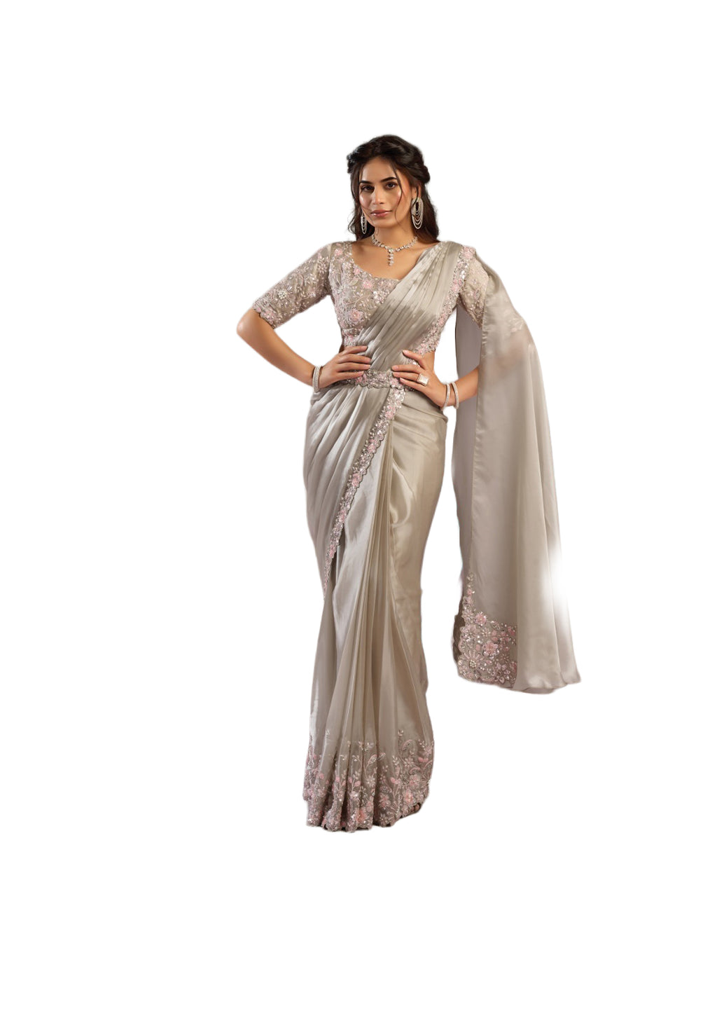 Champagne Stardust Armani Satin Silk One Minute Ready-to-Wear Sari with Rainbow Stone Work | SNTK-26611