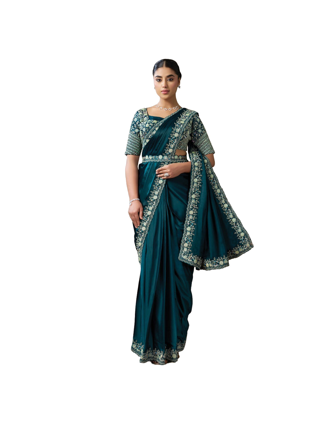 Emerald Royale Soft Satin Silk One Minute Ready-to-Wear Sari with Sequins & Pearl Embellishment | SNTK-26615