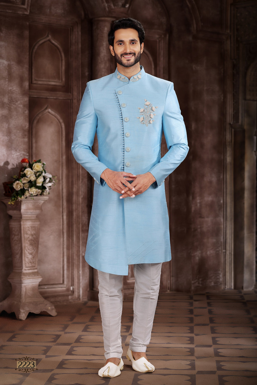 Designer Sky Blue Classic Sherwani – BL2223