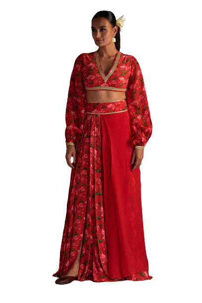 Masaba Red Rain Lily Layered Skirt Set