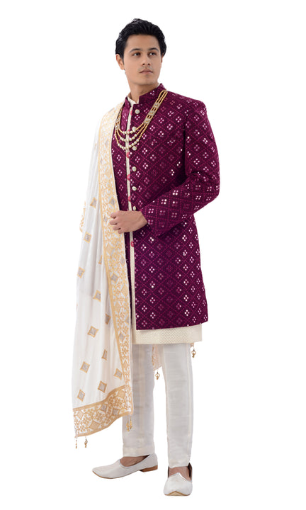 Amethyst Toned Designer Mirror Work 3 Piece Indo Western Sherwani Set-RK1218