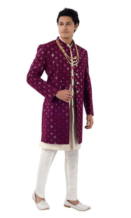 Amethyst Toned Designer Mirror Work 3 Piece Indo Western Sherwani Set-RK1218