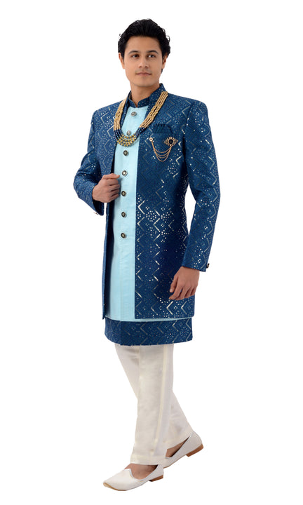 Classy Designer Teal Blue Mirror Work Jacket Style Indo Western Sherwani Set-RK1219