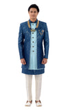 Classy Designer Teal Blue Mirror Work Jacket Style Indo Western Sherwani Set-RK1219