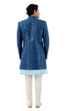 Classy Designer Teal Blue Mirror Work Jacket Style Indo Western Sherwani Set-RK1219
