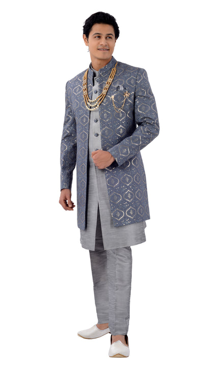 Designer Lucknowi Work Modern Gray Jacket Style Indo Western Sherwani Set-RK1221