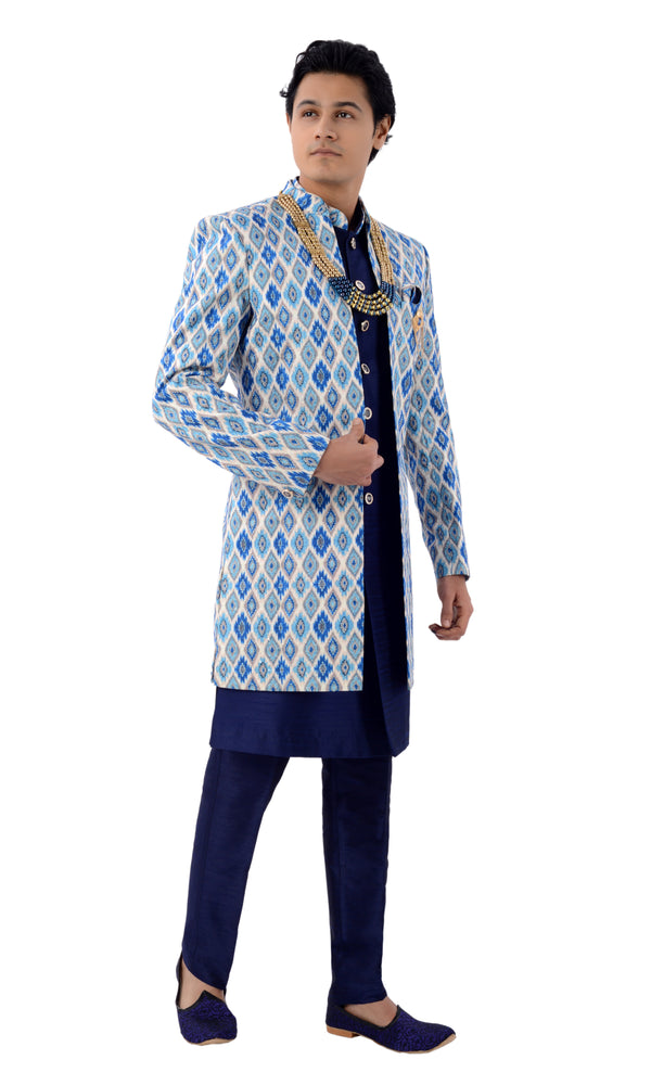 Designer Lucknowi With Tikki Work Blue Jacket Style Sherwani Set-RK1222