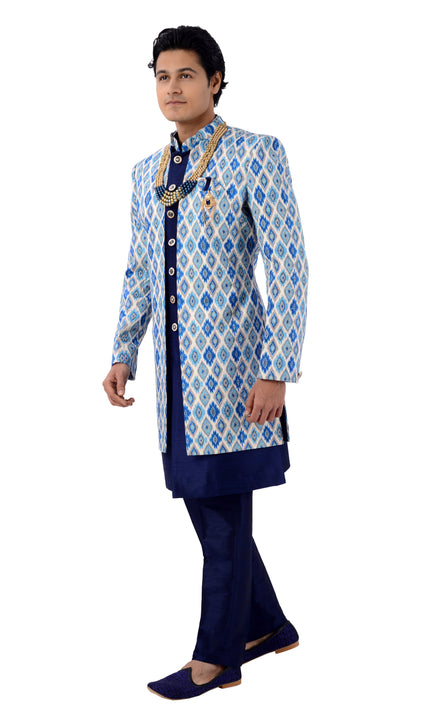 Designer Lucknowi With Tikki Work Blue Jacket Style Sherwani Set-RK1222